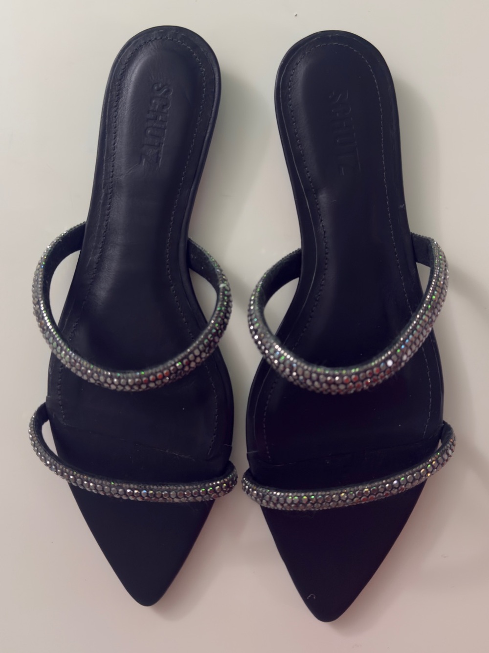 SCHUTZ Black Embellished Double-Strap Pointed-Toe Slide